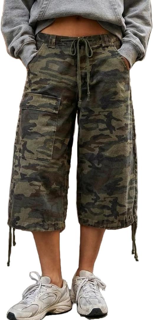Mxiqqpltky Y2K Cargo Jean Shorts Women Summer Camouflage Print Drawstring Low Rise Baggy Denim Shorts Casual Jorts Streetwear (L)