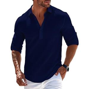 OYOZONE Mens Linen Polo Shirts Long Roll-Up Sleeve Casual Summer Beach Vacation Hippie T-Shirts 2XL