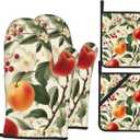 Apple Flower Oven Mitts & Potholder Set of 4 - Heat Resistant Kitchen Gloves Hot Pads for Baking, Cooking, Gifts for Women