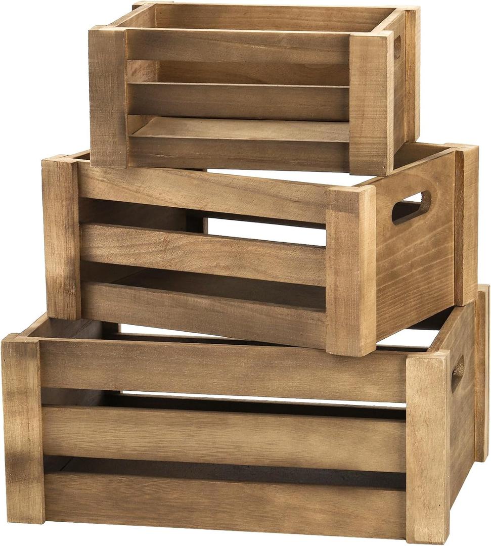 Lawei Set of 3 Wood Nesting Storage Crates with Handle, Rustic Farmhouse Decorative Wooden Crates Distressed Crates Storage Container for Display, Large Vintage Wood Decor Crates Wooden Baskets