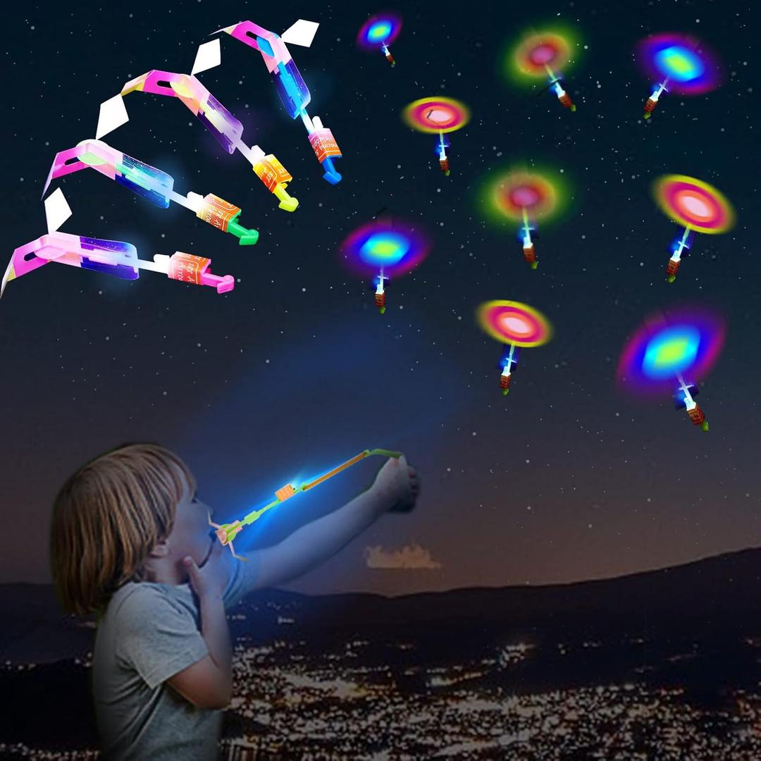 WELLVO 60Pcs Rocket Helicopter with LED Lights 30 Launchers + 30 Glow Rocket Helicopters Glow in The Dark Party Supplies Flying Outdoor Toys Party Favors for Kids 8-12,4-8