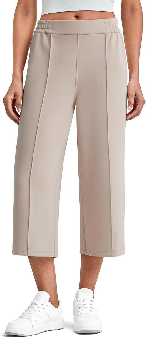 G4Free Smoofit Capri Pants for Women Wide Leg Yoga Pants High Waist Summer Travel Casual Pants with Pockets (Beige)