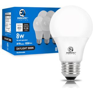 E ENERGETIC LIGHTING Light Bulbs 60 Watt Equivalent, A19 Daylight LED Light Bulbs, 15000 Hrs E26 Base, 8W 800LM 5000K Light Bulb, ETL Listed, Non-Dimmable, 8-Pack