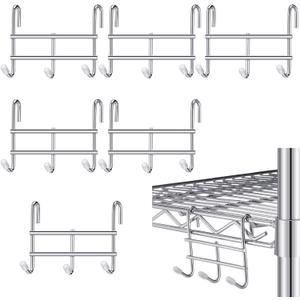 6 Pack 3 Hook Attachment for Wire Shelving 3.75" l x 1.625" d x 3.25" h Wire Shelving Hooks Accessories Steel Hanging Rack Metal for Storage Organizer(Chrome)