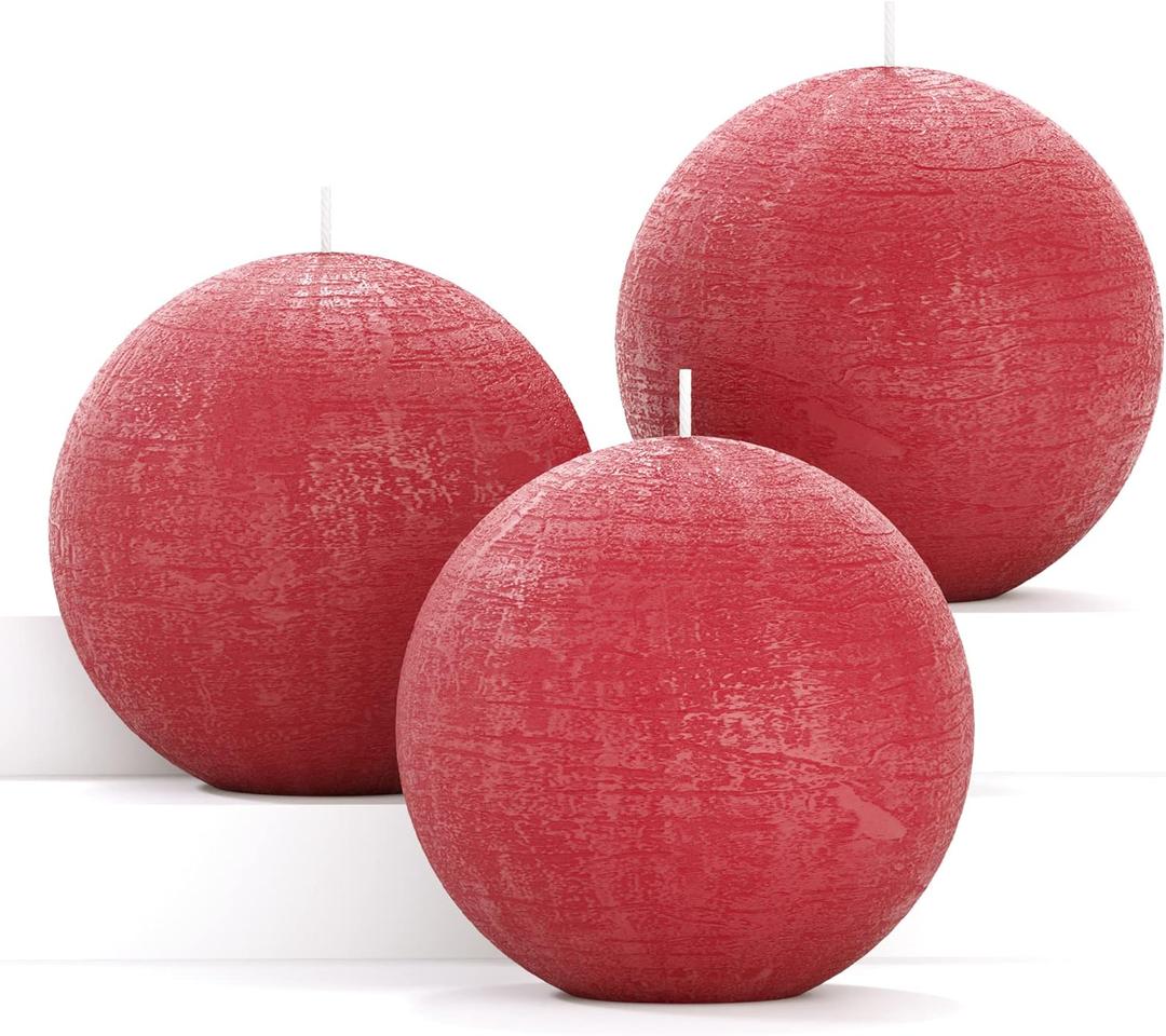 CANDWAX Set of 3 inch Round Ball Candles - Perfect as Christmas Decoration and as Spheres for Home Decor - Unscented Smokeless Dripless Long Burning Dark Red Candles