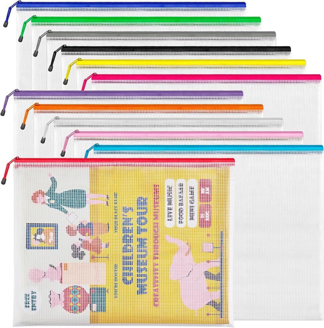 JARLINK A3 (16.5x12.6 in, 12 Pcs) Mesh Zipper Pouch, 12 Colors Extra Large Zipper Bags, Waterproof File Pouches for Office Supplies, Puzzles, Board Game, School, Travel Accessories & Craft Projects