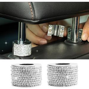 2PCS Magnetic Car Headrest Collars, Rhinestone Car Head Rest Collars Rings Decor, Bling Car Accessories for Women, Interior Decor Car SUV Truck (White)