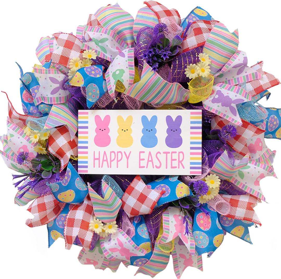 TEMPUS 22" Happy Easter Wreath for Front Door - Colorful Mesh Ribbon Door Hanger with Wooden Sign & Yellow Daisies - Vibrant Spring Porch Decor (Multicolor)
