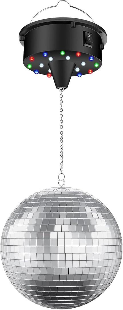 Disco Ball with Motor and Light, 4 Colors Light with 18 LED Beads, 5/8/10/15 RPM Rotating Motor with 6" Mirror Ball Remote for 70s 80s DJ Club, Wedding, Birthday, Party Essential