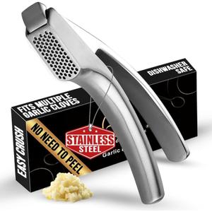 No Peeling Required Garlic Press Stainless Steel with Detachable Handle for Fine Mincing-Premium Garlic Mincer Tool, Rust-Proof, Easy to Clean, Dishwasher Safe Garlic Crusher with Lifetime Replacement