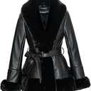 GRAN ORIENTE Women's Faux Leather Jacket with Faux Fur Collar, Winter Long Sleeve Furry Trim Peplum Parka Coat with Belt (Black)