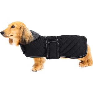 Geyecete Warm Thermal Quilted Dachshund Coat, Dog Winter Coat with Warm Fleece Lining, Outdoor Dog Apparel with Adjustable Bands for Medium, Large Dog-Black-XS