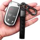 Compatible with Jeep Key Fob Cover with Leather Keychain Soft TPU Protection Key Case for Grand Cherokee Renegade Chrysler 200 300 Dodge RAM Durango Challenger Journey Dart Fiat Smart Key ,Silver