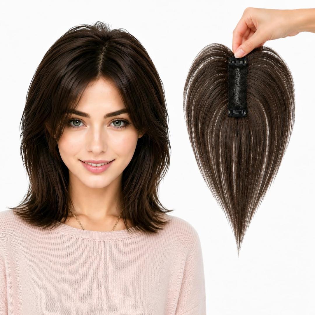 Human Hair Topper – 10" Clip in Hair Parting Patch 10g Ultra-Light I-Shaped Swiss Lace Hairpiece for Wide Partings (Dark Brown No Bangs)