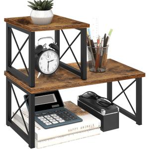 ELITEROO Wood Desktop Shelf, 2 Tier Adjustable Small Bookshelf Organizer, Freestanding Stackable Desk Stand, Storage Organizers, Kitchen Counter Display Rack, Rustic Brown
