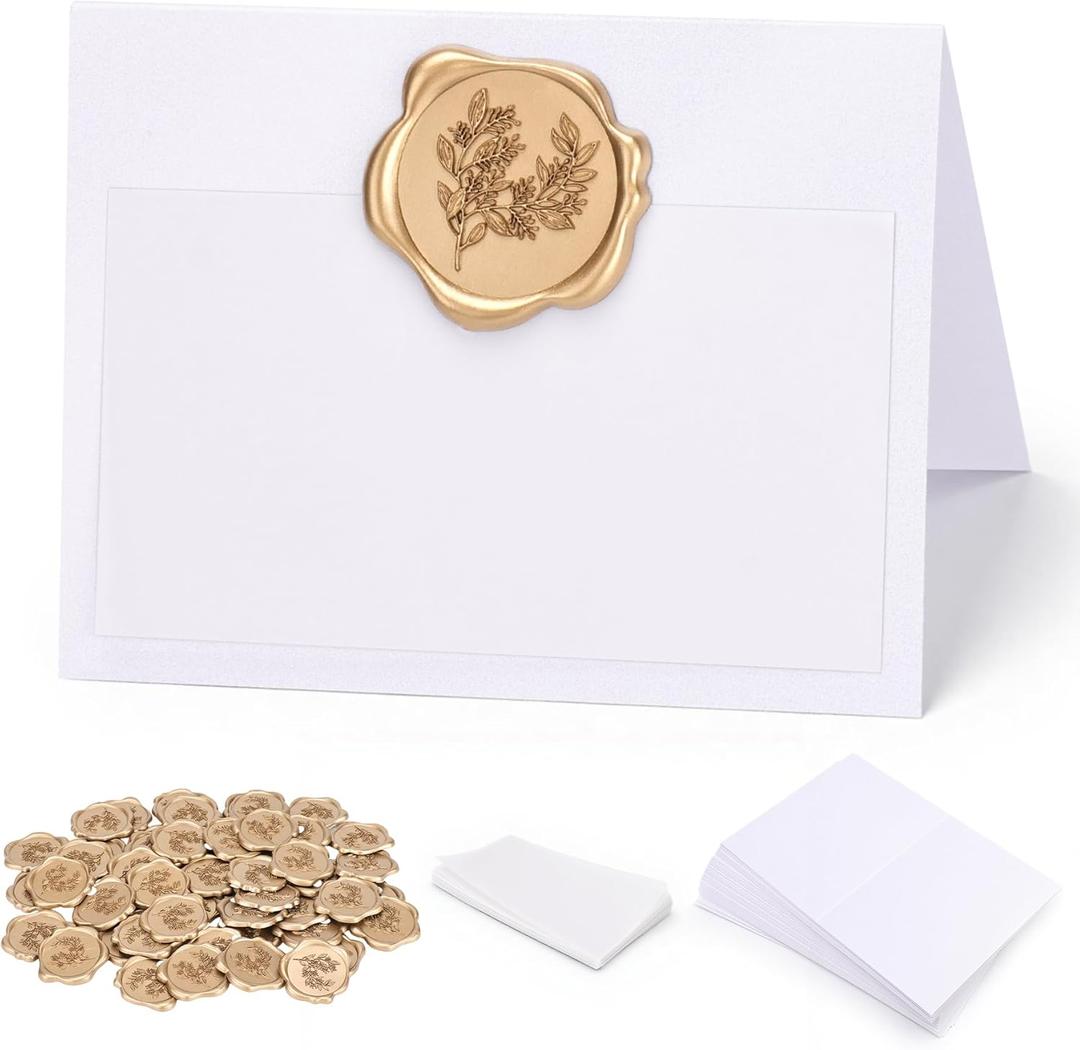 50 Pack Place Cards with Antique Gold Wax Seal Sticker, Name Cards for Table Setting, 4x3 inches Table Tent Card Stock Decor for Party, Wedding Dinner & Events (Pearlescent White)