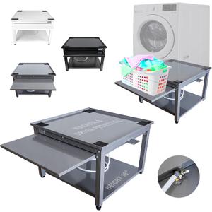 Ergonomic Washer and Dryer Pedestal 27" - Gray Steel Alloy - Elevates 18" to Reduce Back Pains - Holds 800 lbs - Drain Pan & Hose - Pull Out Shelf - Easy Setup - Universal Laundry Stand