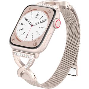 BRG Thin Mesh Loop Compatible with Apple Watch Bands for Women 40mm 41mm 38mm 42mm Series 11 10 9 8 7 6 5 4 3 2 1 SE, Metal Magnetic Stainless Steel Strap with X-Shape Diamond Clasp for iWatch Bands