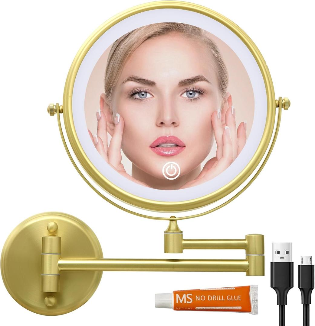 Brass Lighted Makeup Vanity Mirror Wall Mounted Gold, 8 Double Sided 1X 10X Magnifying 3 Color Lighting Touch Screen Dimming, Extended Arm 360 Rotation for Bathroom, Brushed Gold