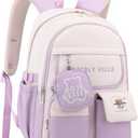 ZHANAO Color-blocking Rolling Backpack for Girls,Kawaii School Bag with Wheels,Trolley Bookbags for Primary Students (Purple-2 Wheels)