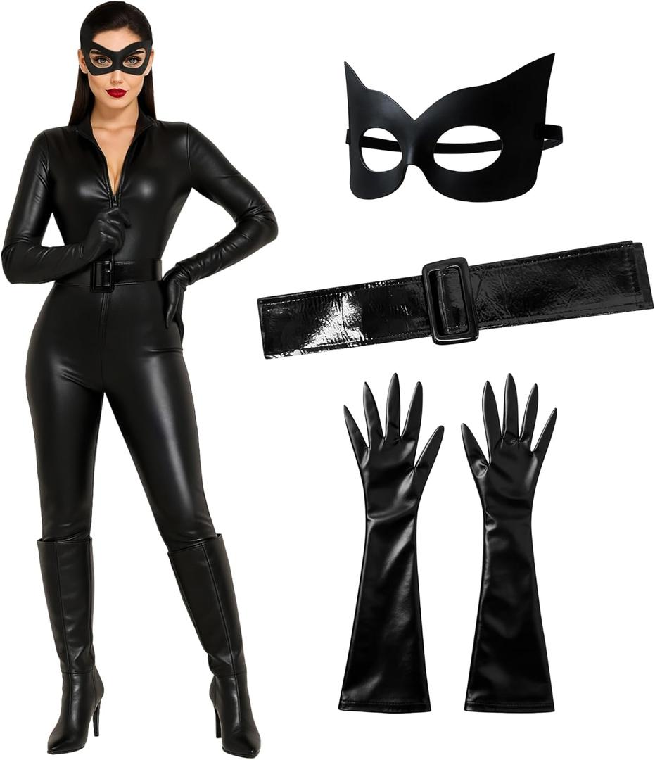 Morph Black Catsuit For Women Leather Jumpsuit Women's Adult Black Cat Suit Halloween (Large)