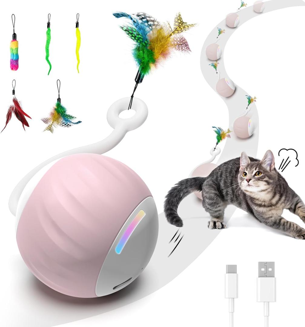 Cat Toys Interactive for Indoor Cats, Touch & Sound Smart Control - Fast slow 2 Speed Motion Activated Cat Ball Toy for Bored Cats With LED Lights, Feathers Tail, USB Charging Cable, 6in1 - Pink