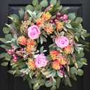 24 Inch Spring Rose Wreath Handmade Wreath for Front Door, with Eucalyptus Berries & Flocking Prote, Farmhouse Wreath for Home Indoor Outdoor Wall Festival Farmhouse Holiday Decor Year Round
