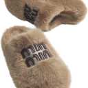 Cozy Faux Fur Slippers with Stylish Letter Embroidery Non-Slip Rubber Sole Soft Indoor Shoes for Home Brown (5-5.5 Women/4.5-5 Men)