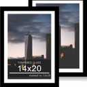 14x20 Poster Frame Set of 2, 14 x 20 Wood Picture Frames with Mat for 12x18, Wooden Photo Frame with Tempered Glass Cover for Wall Mounting Display, Black