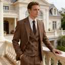 Men Tweed Suits Brown Slim Fit 3 Piece Herringbone Wool Suit Mens Wedding Groomsmens Prom Party Blazer Vest Pants 3XL