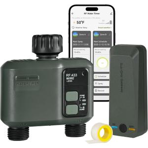 WiFi Water Timer for Garden Hose, Sprinkler Timer 2 Zone, 984ft RF Range, Smart Lawn Watering System with WiFi Irrigation Controller, APP/Voice Control, Automatic Irrigation/Rain Delay/Manual Watering WiFi Water Timer for Garden Hose, Sprinkler Timer 2 Zone, 984ft RF Range, Smart Lawn Watering System with WiFi Irrigation Controller, APP/Voice Control, Automatic Irrigation/Rain Delay/Manual Watering