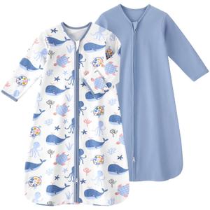 Baby Sleep Sack 6-12 Months, Long Sleeve Baby Wearable Blanket 0.5 Tog with Mittens, 2-Way Zipper Newborn Cotton Sleeping Sack for Boy and Girl Blue Whale 2 Pack (Medium)