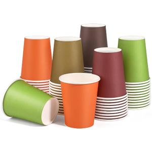 URATOT 60 Pieces 9 Ounce Disposable Paper Cups Autumn Color Party Cups Thanksgiving Fall Drinking Cups for Party, DIY, and Holiday, 5 Colors (Green, Brown, WineRed, Orange, Yellow)
