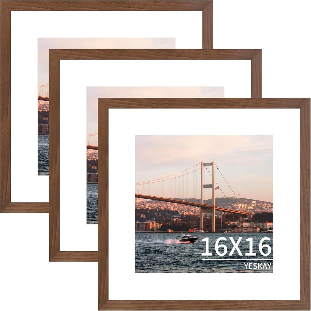 YESKAY 16x16 Picture Frame 3 Pack - Brown Poster Frame Display Pictures 12x12 with Mat or 16 x 16 Without Mat for Wall Hanging Horizontal and Vertical