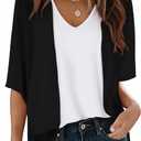 LILBETTER Women Lightweight Chiffon Cardigan Puff Sleeve Loose Beach Wear Cover Up Blouse Top (Large, Black)