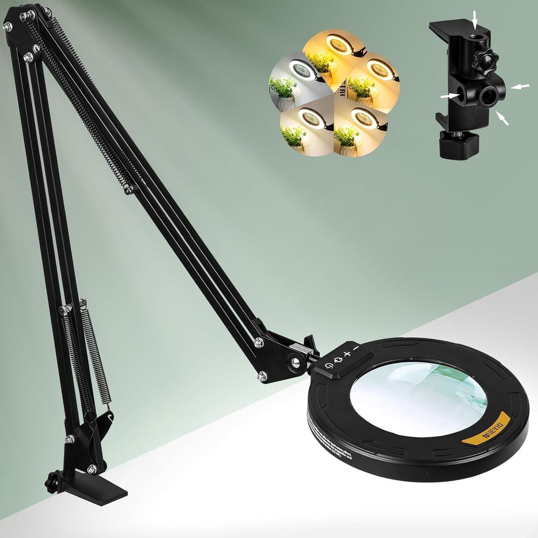 12X Long Swing Arm Magnifying Glass with Light and Stand, NUEYiO 4-Way Large Strong Metal Clamp Lighted Magnifier Lamp, 5 Color Modes LED Magnifying Lamp for Workbench, Crafting, Hobby (26.76inch Black)
