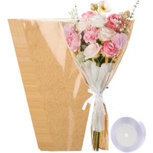 HSONAIGEE 50 Pieces Flower Bouquet Wrapping Paper, 22 x 14.2 Inch Extra Large Flower Bags for Bouquets Kraft Floral Wrap Sleeves with Ribbons for Home Mothers Day Wedding Flower Bar Supplies