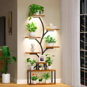 Plant Stand Indoor with Grow Lights, 25.6" Wide 64" Tall Corner Plant Shelf, Wooden Lighted Plant Holder Stand, 8 Tiered Large Plant Flower Display Shelves, Plant Rack for Living Room, Brown/ Black 