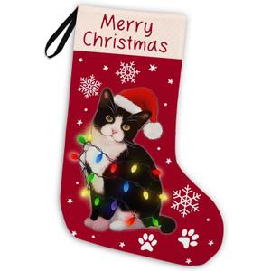 Black Cat Christmas Stocking 18 Inches, Cat Christmas Decor,Cat Stockings Christmas, Cat Lights Xmas Stockings, Hanging Christmas Stockings for Kids, Cat Fireplace Christmas Tree Decorations