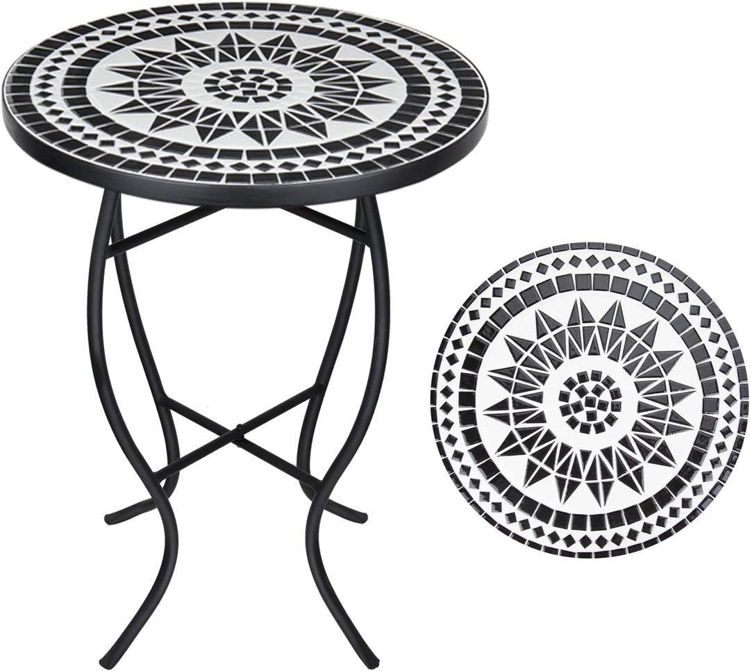 VCUTEKA Mosaic Outdoor Side Table, 14" Round Small Patio Accent Table Indoor End Table for Yard, Garden, Living Room, Bistro Balcony or Lawn Black, 14 inches x 14 inches x 21 inches