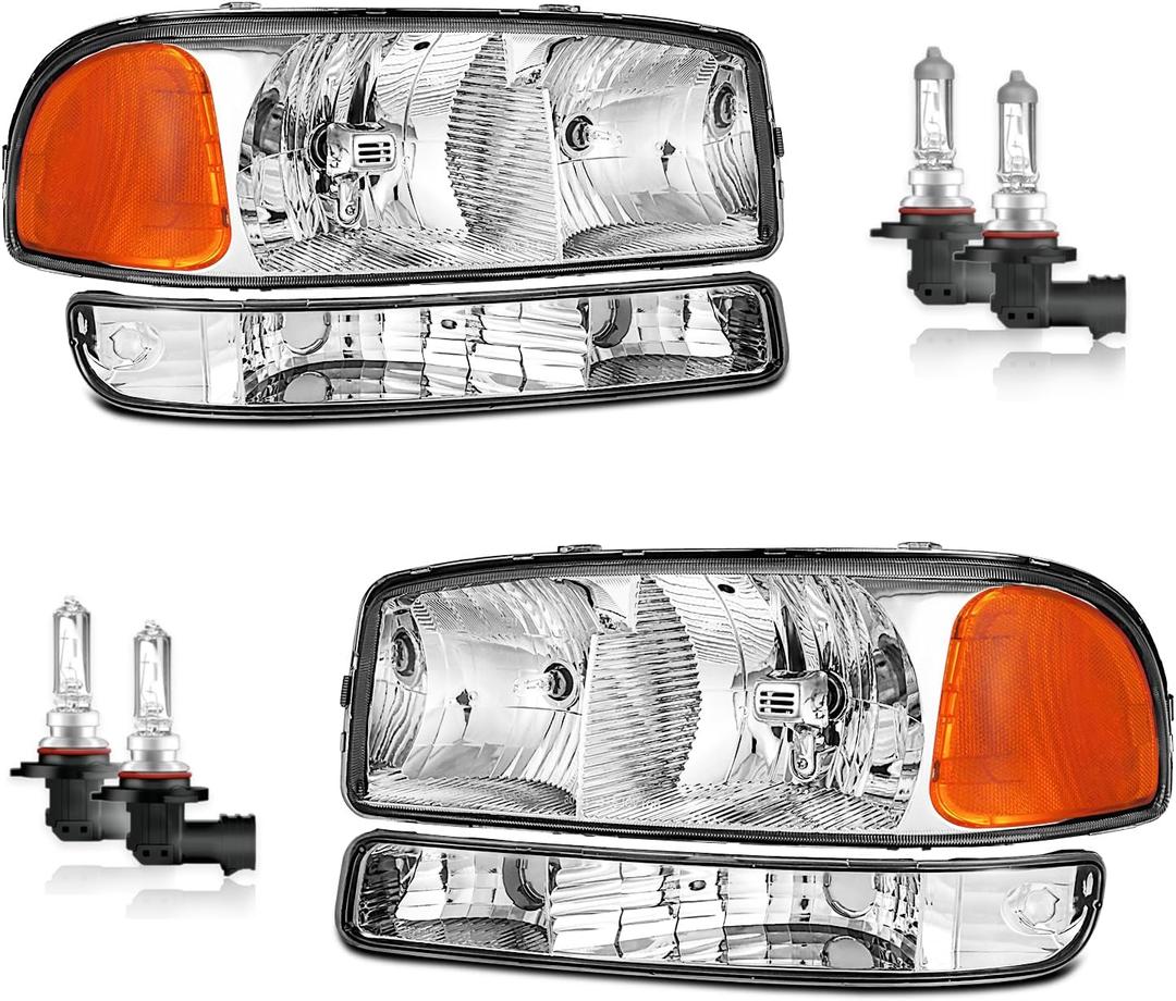 Headlights for 1999-2007 GMC Sierra, for 2000-2006 GMC Yukon Halogen Headlamp Replacement, High/Low Beam W/Bulbs, Driver & Passenger Side