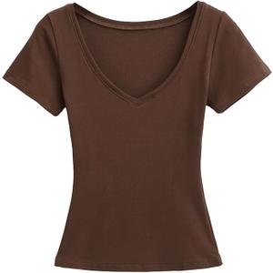 Casual Loose Fit V-Neck Tee Women's Solid Color Short Sleeve Regular Sleeve
, Brown, M