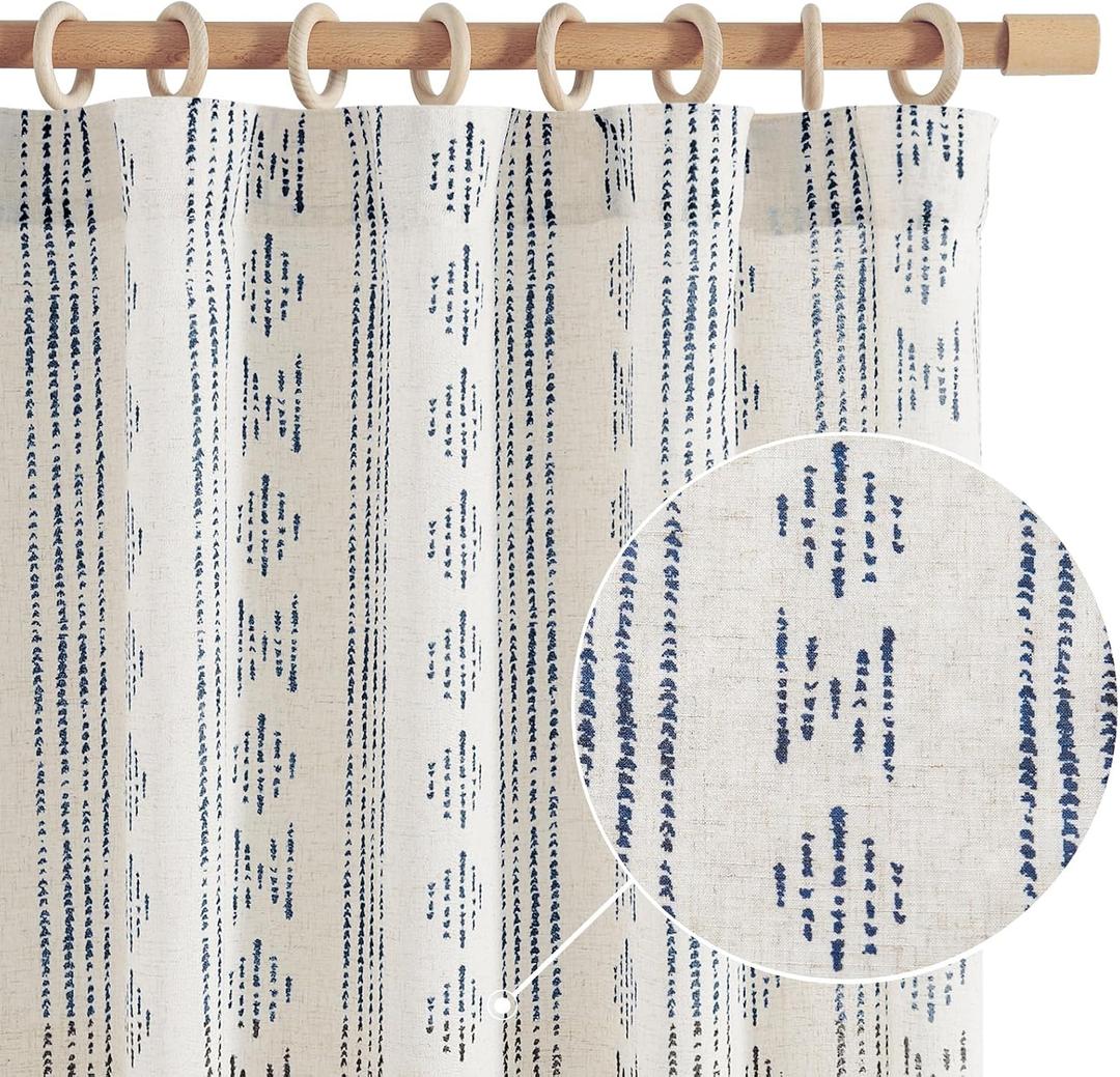 jinchan Boho Stripe Curtains for Living Room Farmhouse Linen Curtains 63 Inch Length 2 Panels for Bedroom Geometric Striped Mudcloth Light Filtering Window Drapes Back Tab Blue on Flax