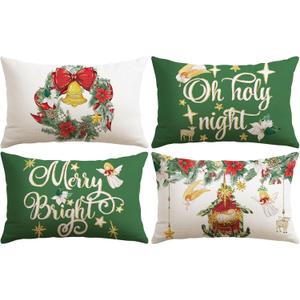 Artscope Christmas Oh Holy Night Merry Bright Jesus Wreath Throw Pillow Covers 12x20 Inch Set of 4, Winter Hoilday Christmas Decoration Pillow Cases for Home Sofa Couch Decor-Green