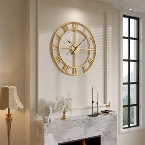Cuspin 24 Inch Large Wall Clock, Gold Clocks for Living Room Decor, Silent Non Ticking Battery-Operated Metal Round Wall Clock Decorative Modern Design Home Decor - Roman Number