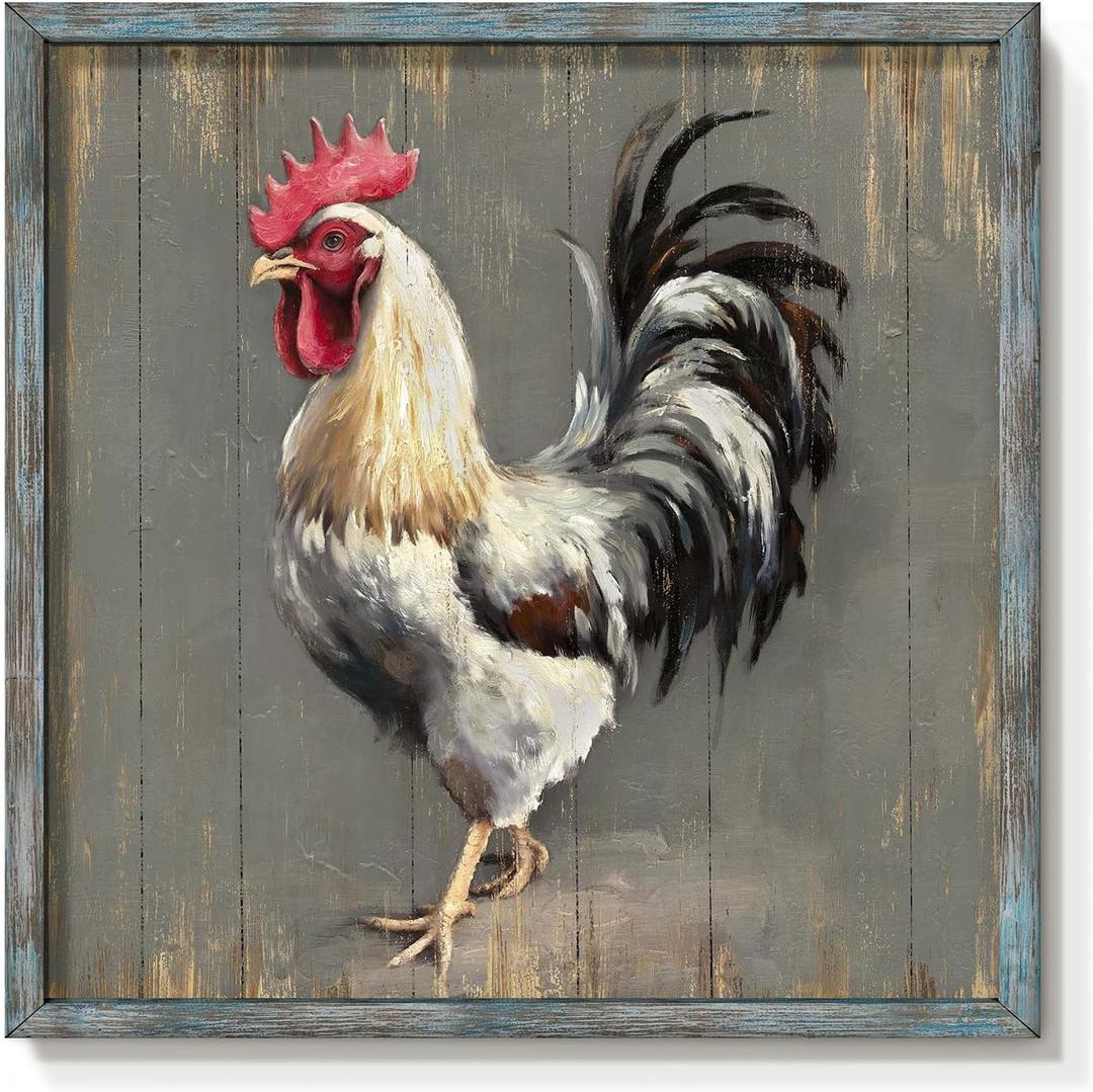 Rooster Wall Art, Rustic Farmhouse Chicken Picture for Dining Room, 20x20