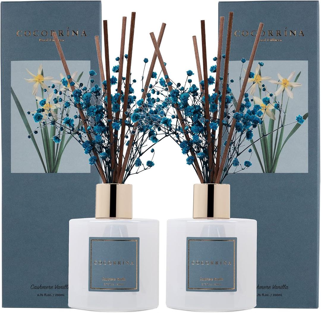 Cocorrna Premium Reed Diffuser Set with Preserved Baby's Breath & Cotton Stick Cashmere Vanilla 2 Packs, 6.7oz Scent Fragrance Oil Diffuser for Bedroom Bathroom Home Dcor