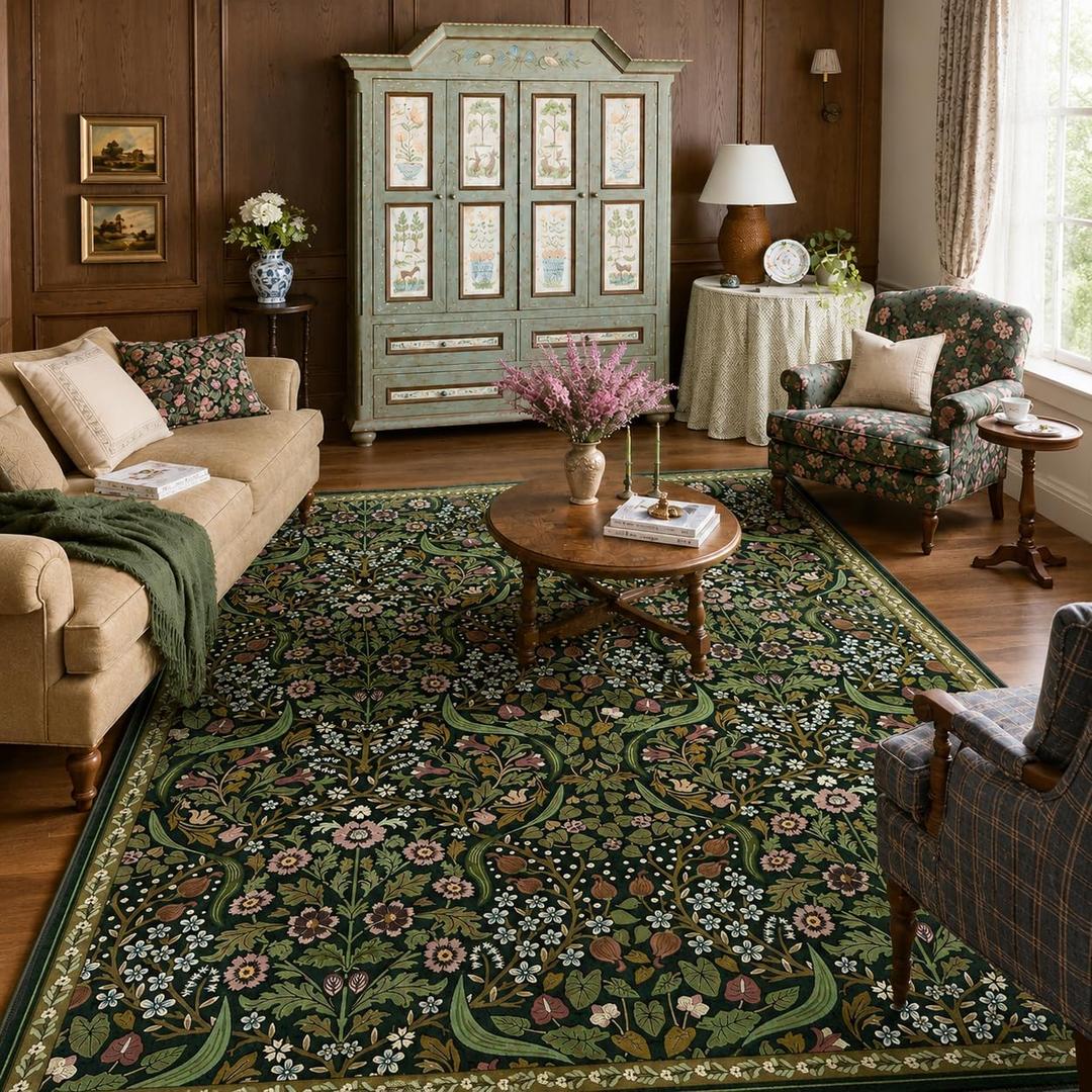 Moynesa Floral Washable 8x10 Rug, Large Rugs for Living Room, Green Soft 8 x 10 Boho Bedroom Rugs, Non Slip Botanical Ultra Thin Floor Carpet for Dining Room Nursery, Green
