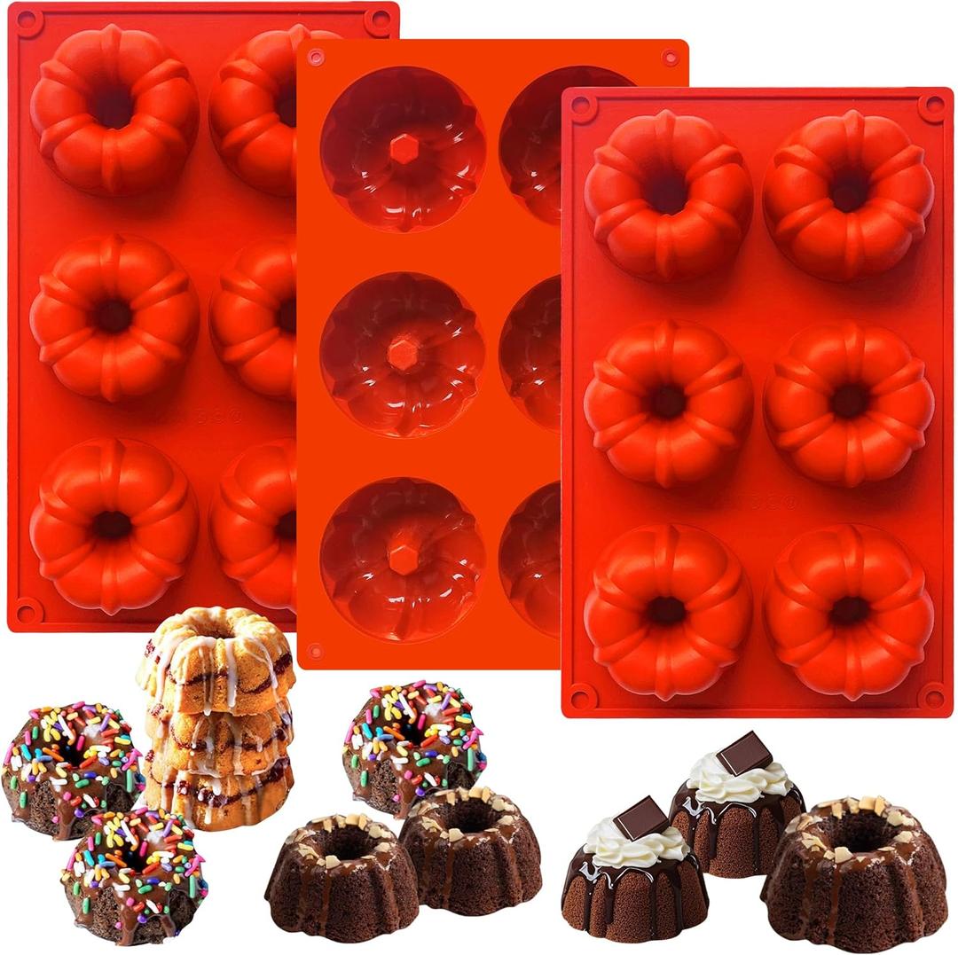 3Pcs Mini Fluted Tube Cake Pan, 6-Cavity Fluted Tube Cake Pan Silicone Molds for Baking Cupcake, Cornbread, Brownie, Donuts, Jello Red(B)