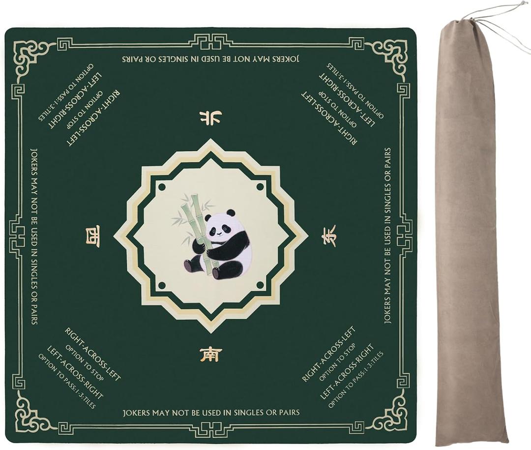 Chinoiserie Mahjong Mat for Table with Rules- 32"32" Noise Reduction and Anti-Slip, Panda Bamboo Pattern, Game Shuffler for Mahjong Cards, Poker Cards, Board Games, Mah Jongg Accessories. (Green